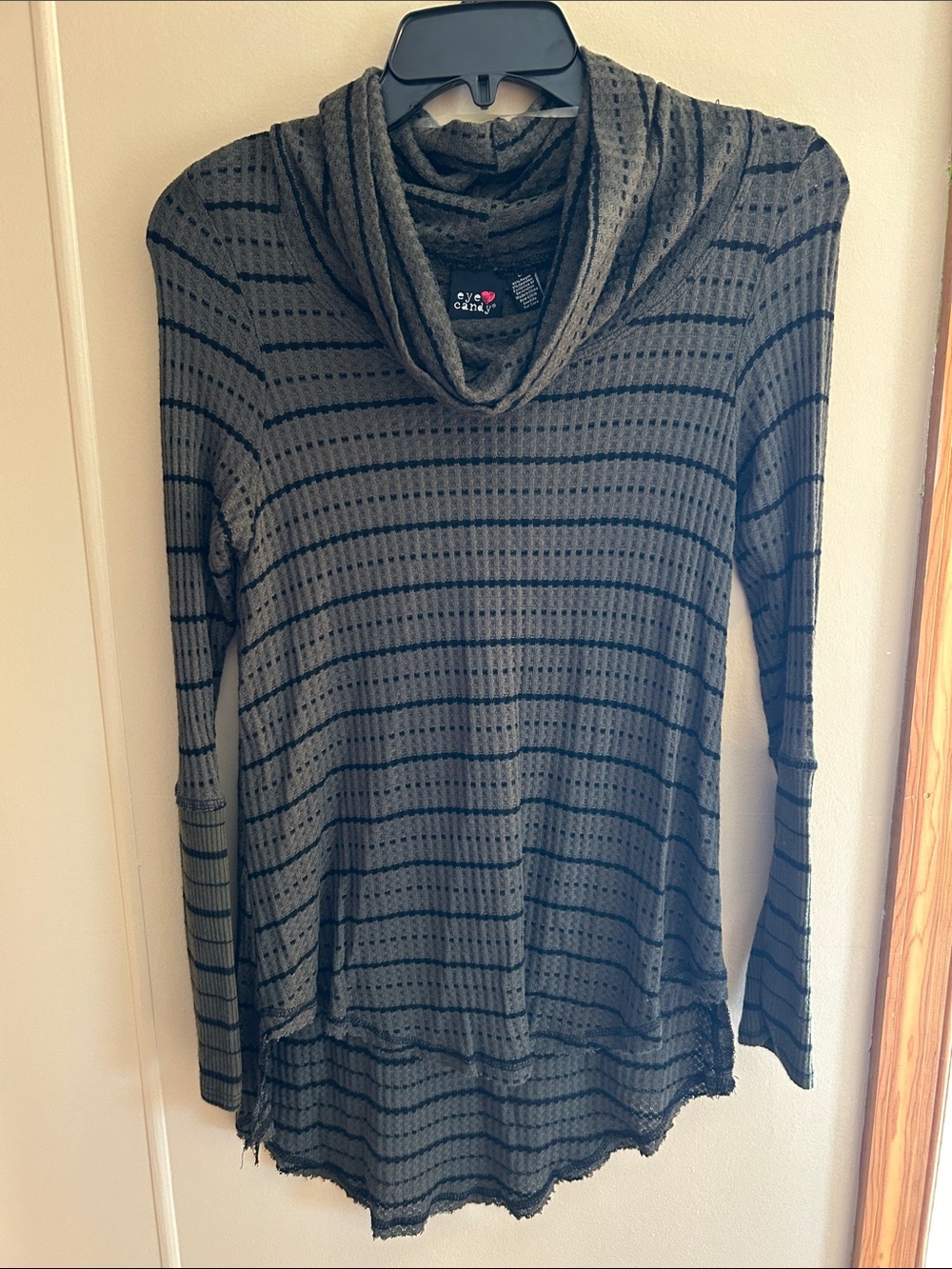 eye candy olive and black striped cowl neck tunic sweater